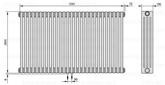 Схема (чертеж) Радиатор Zehnder Charleston 4280/27 №3470 Белый глянцевый RAL 9016
